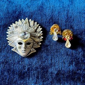 New Orleans Mask brooch and 2 cute Angel pins.( angel pins are free )